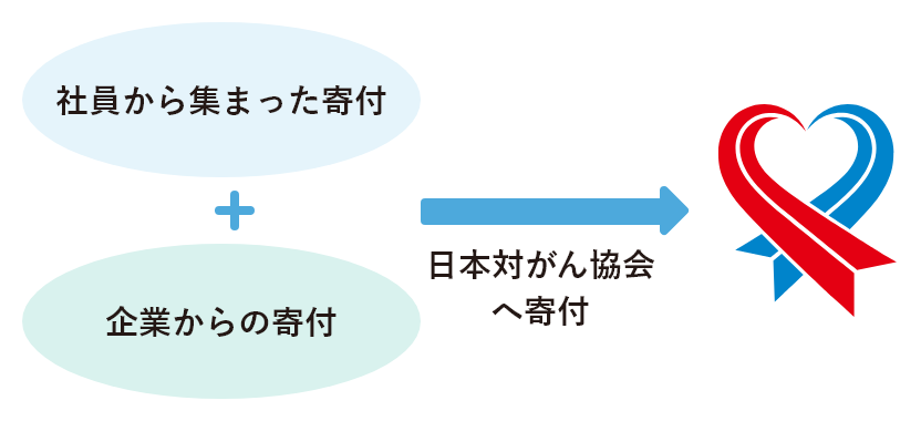 社員から集まった寄付＋企業からの寄付 → 日本対がん協会へ寄付